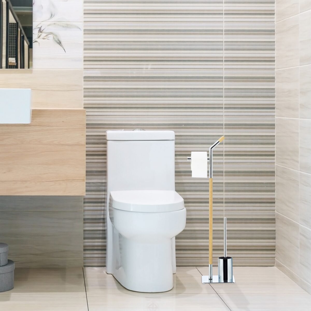 Suport hartie igienica din otel si lemn, perie toaleta, H 90 cm, Relaxdays - imagine 8