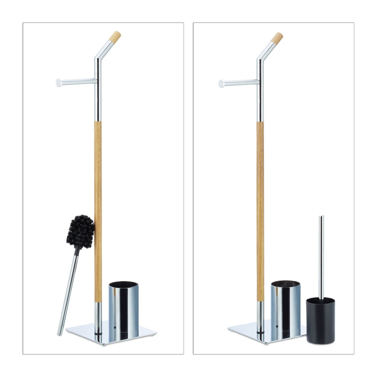 Suport hartie igienica din otel si lemn, perie toaleta, H 90 cm, Relaxdays - imagine 7