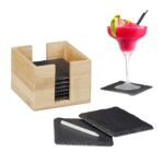 Suport pentru pahare/coastere, 8 bucati, cu suport din bambus, din ardezie, 10 x 10 cm, antracit