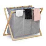 Cos de rufe din bambus si poliester, 3 compartimente, 57,5 x 69 x 38 cm, gri/natur