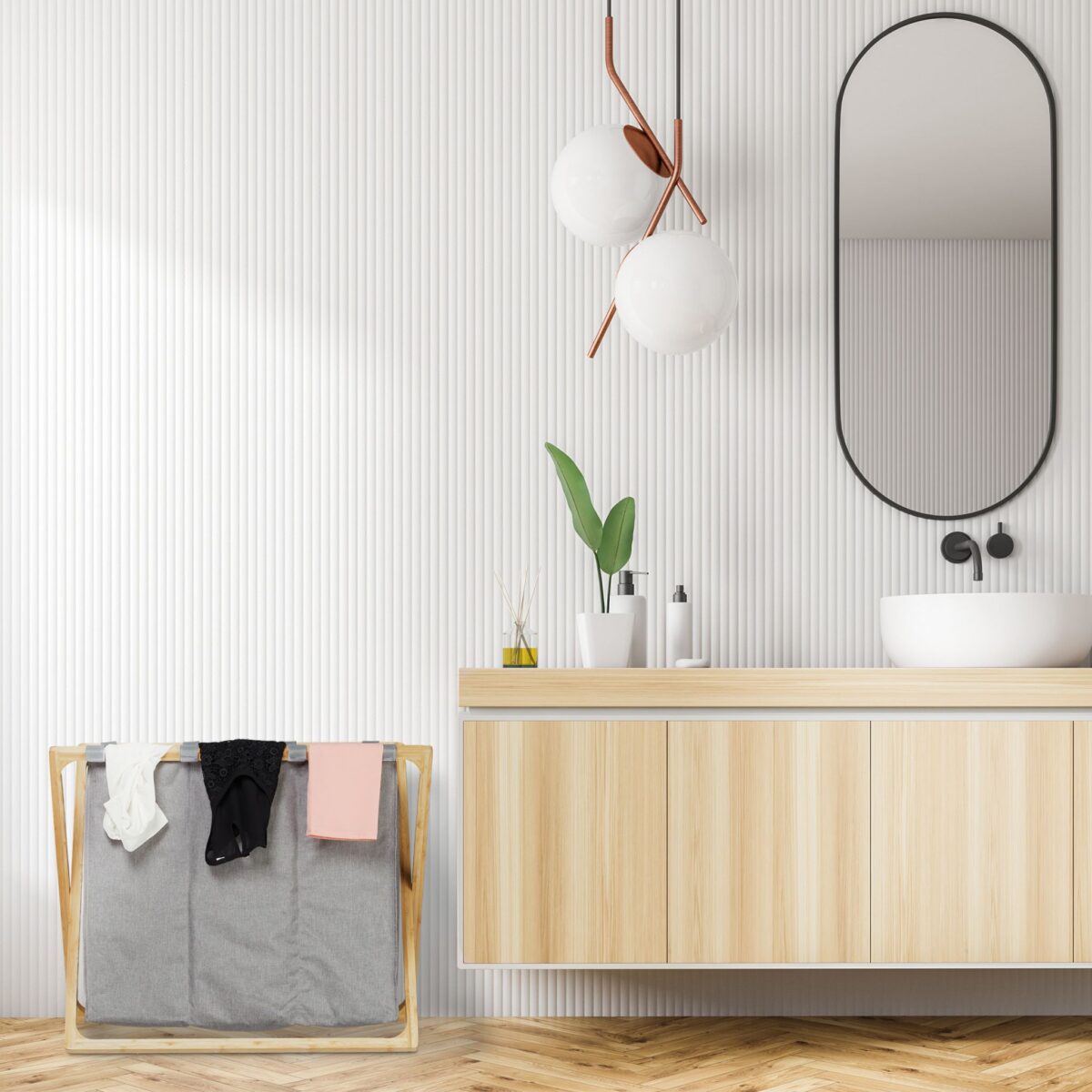 Cos de rufe din bambus si poliester, 3 compartimente, 57,5 x 69 x 38 cm, gri/natur - imagine 2