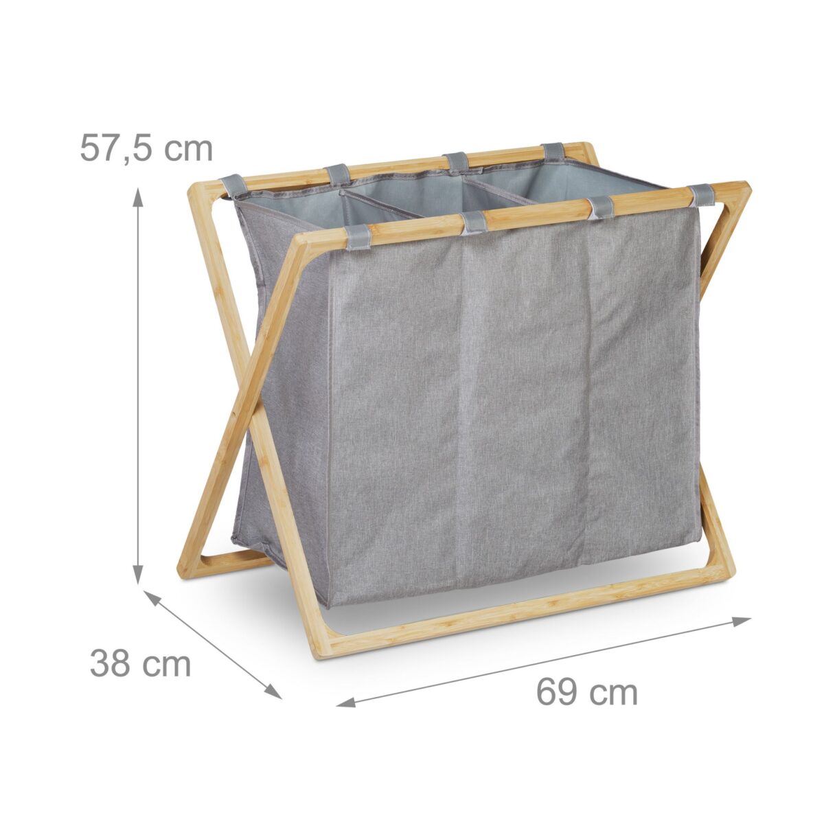Cos de rufe din bambus si poliester, 3 compartimente, 57,5 x 69 x 38 cm, gri/natur - imagine 5
