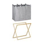 Cos de rufe din bambus si poliester, 3 compartimente, 57,5 x 69 x 38 cm, gri/natur - imagine 8