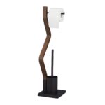 Suport hartie igienica cu perie de toaleta, design curbat, otel/lemn, negru/maro, Relaxdays
