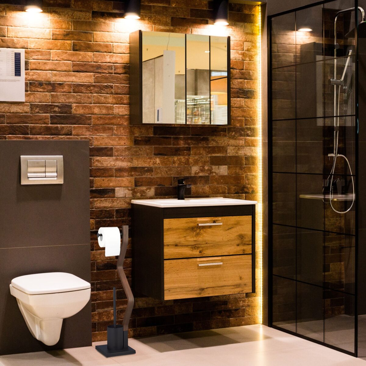 Suport hartie igienica cu perie de toaleta, design curbat, otel/lemn, negru/maro, Relaxdays - imagine 3