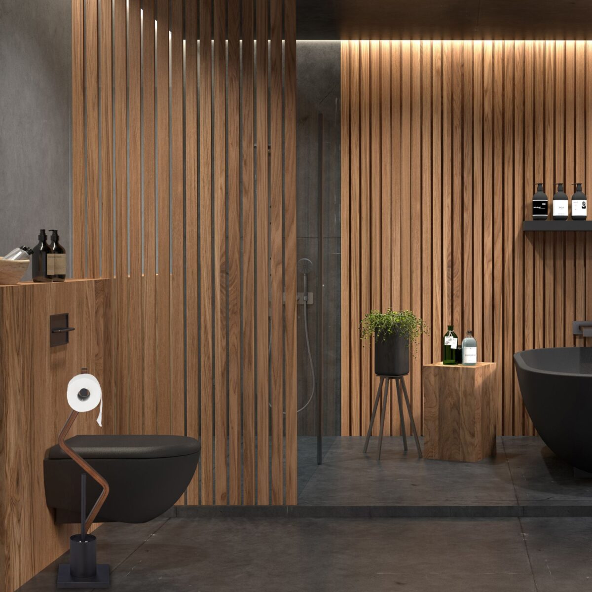Suport hartie igienica cu perie de toaleta, design curbat, otel/lemn, negru/maro, Relaxdays - imagine 2