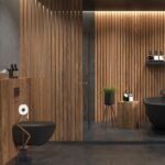 Suport hartie igienica cu perie de toaleta, design curbat, otel/lemn, negru/maro, Relaxdays - imagine 2