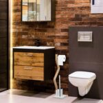 Suport hartie igienica cu perie de toaleta, design curbat, otel/lemn, alb, Relaxdays - imagine 3