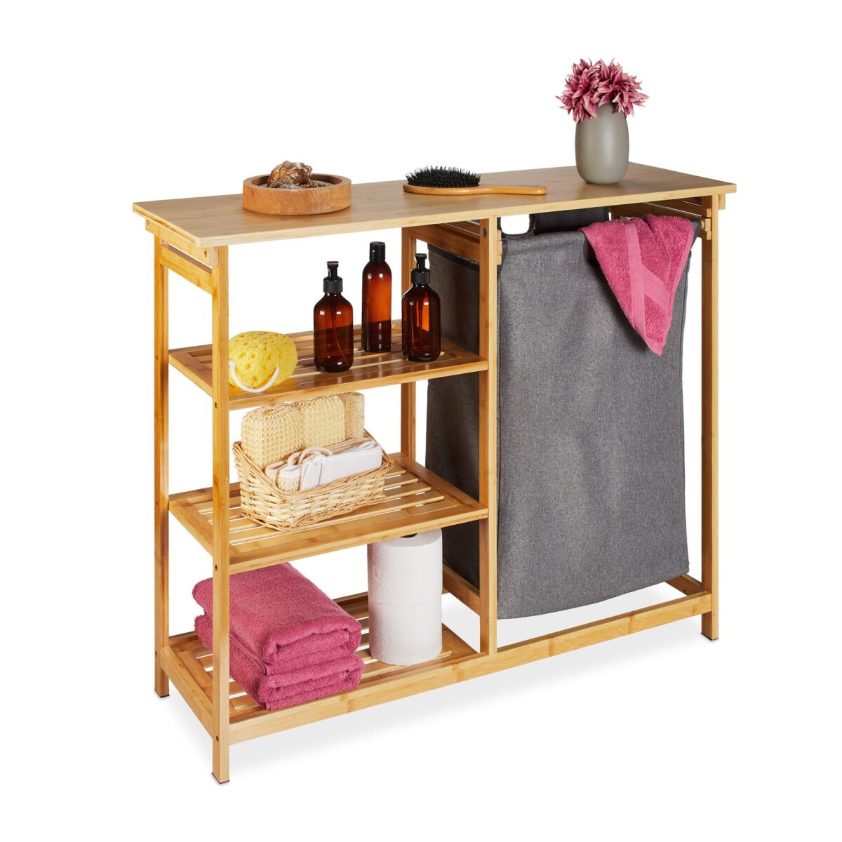 Raft de baie, cos de rufe extensibil, 4 rafturi, bambus/poliester, 80 x 100 x 32 cm - imagine 3