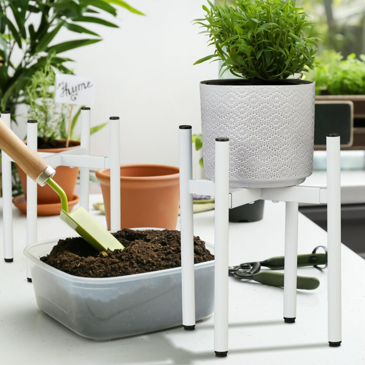 Set de 2 suporturi reglabile pentru ghivece, sustinere 50 kg, alb, fier - imagine 2