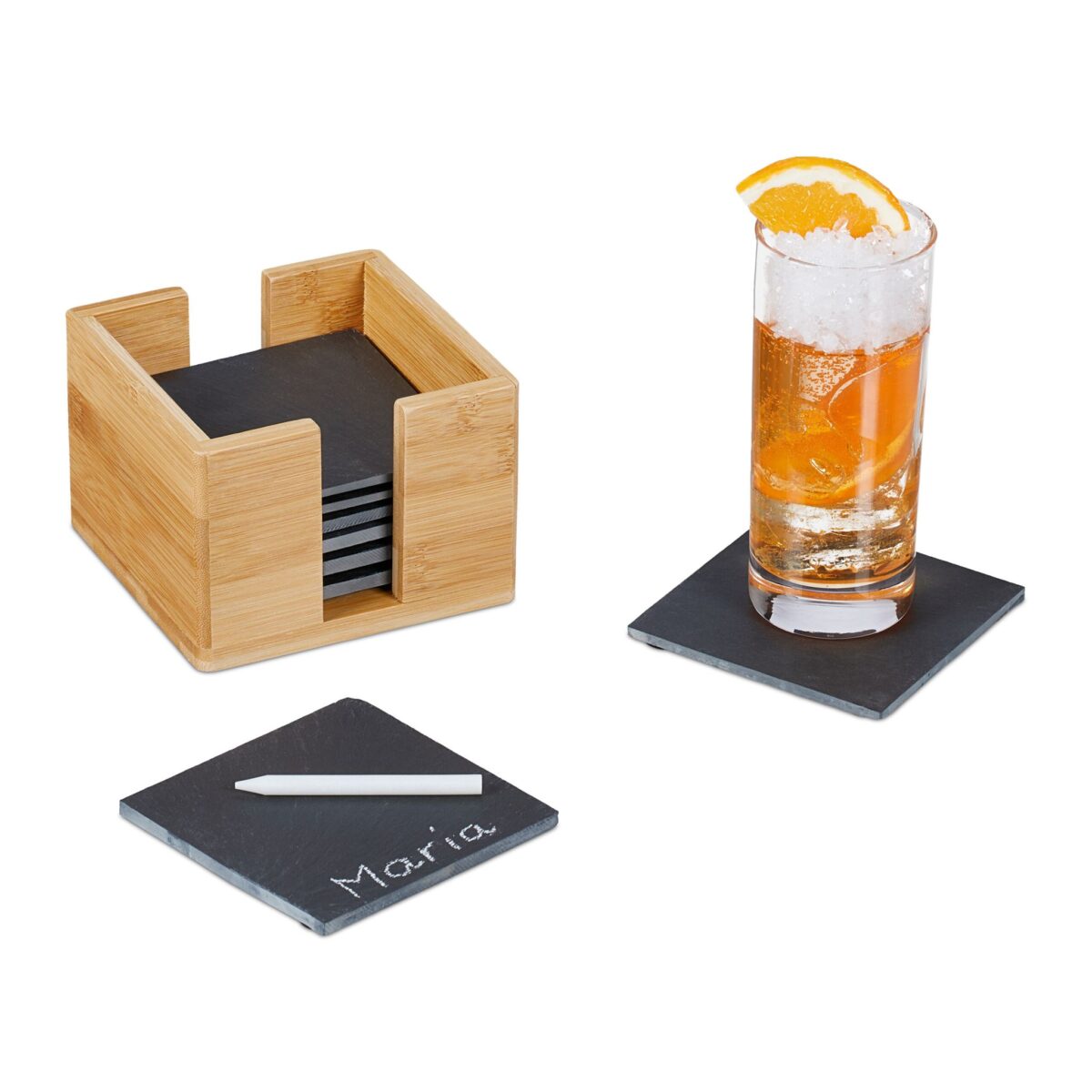 Suport pentru pahare/coastere, ardezie, 8 bucati, cu suport din bambus, 10 x 10 cm, antracit/natur - imagine 3