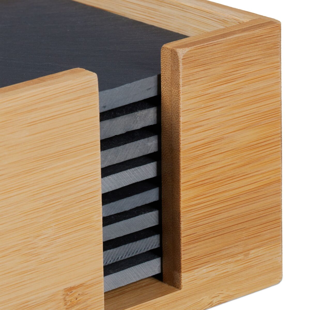 Suport pentru pahare/coastere, ardezie, 8 bucati, cu suport din bambus, 10 x 10 cm, antracit/natur - imagine 2