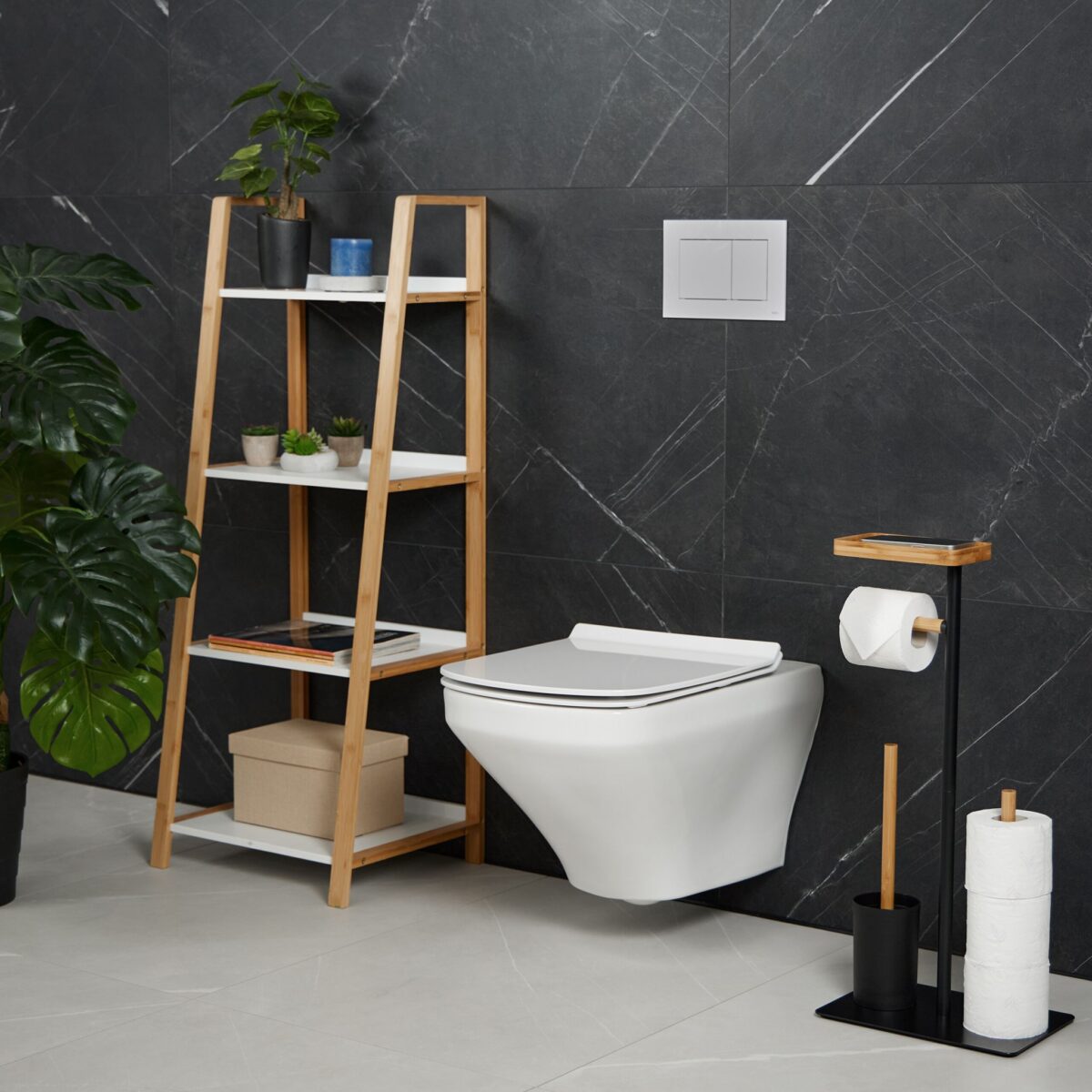 Suport hartie igienica cu perie de toaleta, loc de rezerve si raft, negru, fier/bambus, Relaxdays - imagine 2
