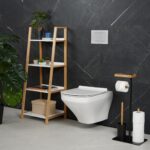 Suport hartie igienica cu perie de toaleta, loc de rezerve si raft, negru, fier/bambus, Relaxdays - imagine 2