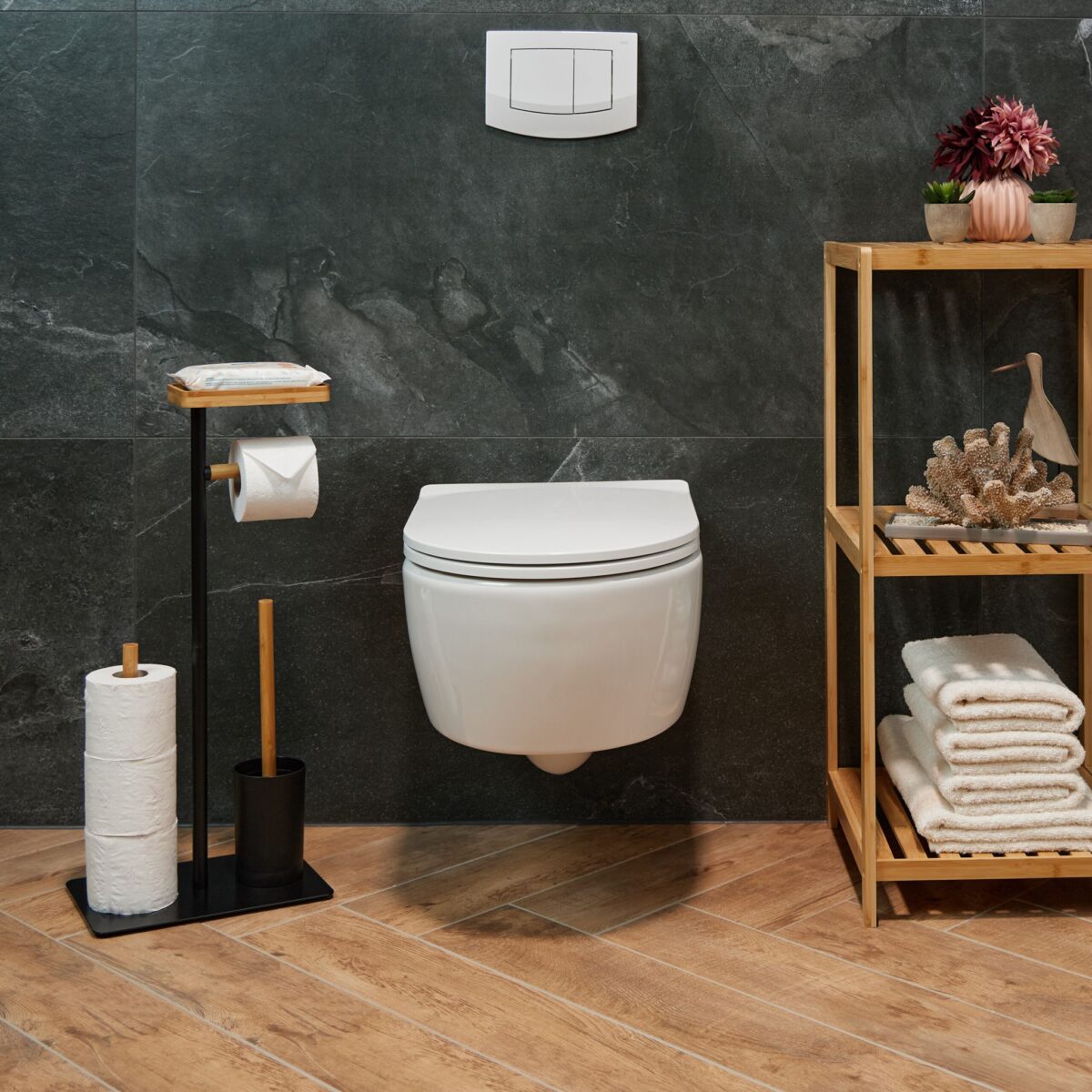 Suport hartie igienica cu perie de toaleta, loc de rezerve si raft, negru, fier/bambus, Relaxdays - imagine 9