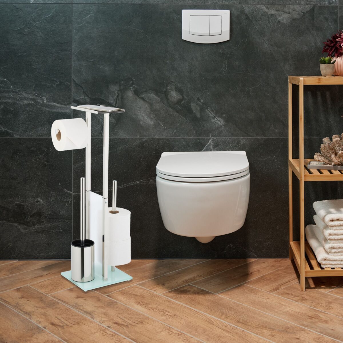Set de toaleta din otel inoxidabil, suport hartie igienica, perie toaleta, loc rezerve, raft, Relaxdays - imagine 3