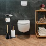 Suport pentru hartie igienica cu perie de toaleta si loc pentru rezerve, bambus/fier, negru - imagine 3