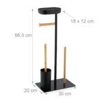 Suport pentru hartie igienica cu perie de toaleta si loc pentru rezerve, bambus/fier, negru - imagine 4