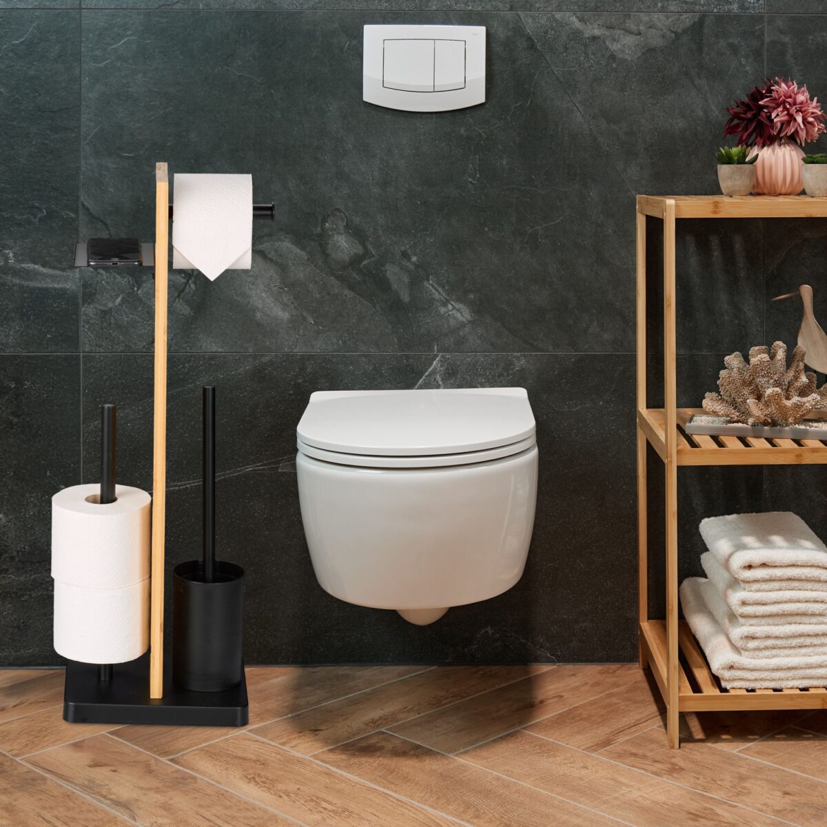 Set de toaleta din bambus si fier, suport hartie igienica, perie toaleta, raft, Relaxdays - imagine 2