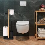 Set de toaleta din bambus si fier, suport hartie igienica, perie toaleta, raft, Relaxdays - imagine 2