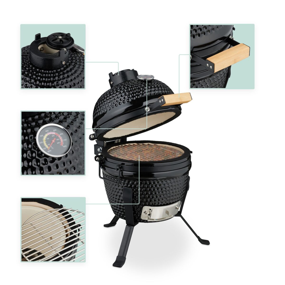 Gratar cuptor Kamado din ceramica, termometru integrat, supape de ventilatie, multifunctional - imagine 3