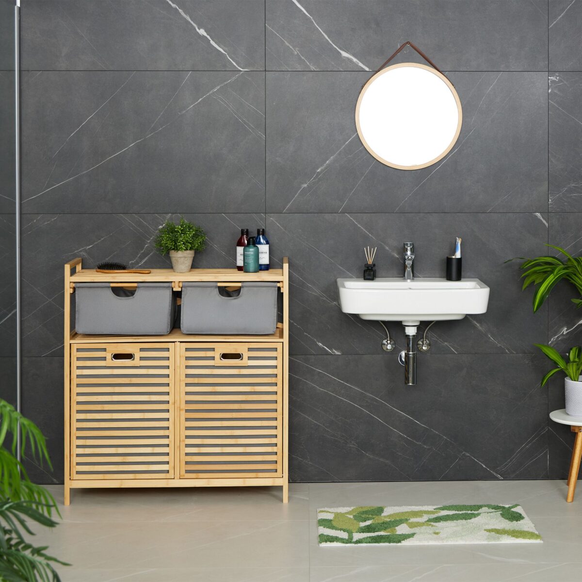 Raft de baie, 2 cosuri de rufe, 2 sertare, bambus/poliester, 95 x 88 x 33 cm, maro - imagine 4