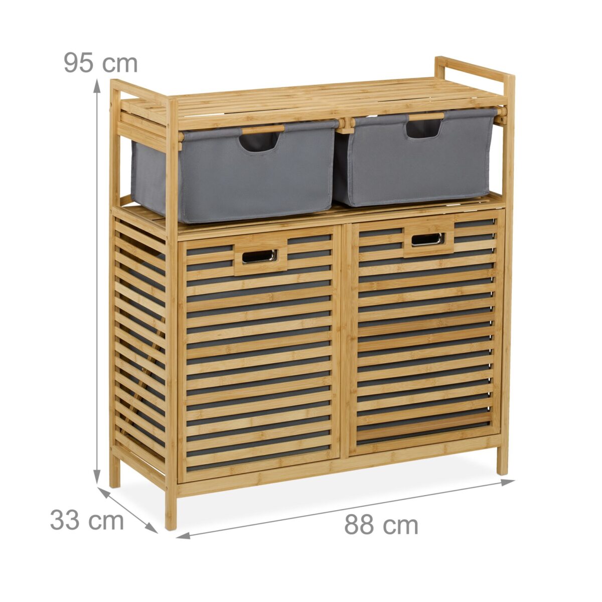 Raft de baie, 2 cosuri de rufe, 2 sertare, bambus/poliester, 95 x 88 x 33 cm, maro - imagine 5