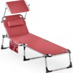 Sezlong cu parasolar, Malta, pliabil, tetiera, rezistenta UV, rosu, 210 x 61 x 35 cm, Casaria®
