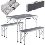Set masa pliabila de gradina, 2 banci, camping, pescuit, tip valiza, 90 x 60 x 70 cm, aluminiu, gri