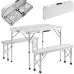 Set masa pliabila de gradina, 2 banci, camping, pescuit, tip valiza, 90 x 60 x 70 cm, aluminiu, alb