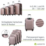 Set 4 trolere de diferite dimensiuni, S-M-L-XL, ABS, roti robuste, rotatie de 360°, roz metalizat - imagine 8