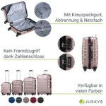 Set 4 trolere de diferite dimensiuni, S-M-L-XL, ABS, roti robuste, rotatie de 360°, roz metalizat - imagine 7