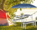 Set masa pliabila de gradina, 2 banci, camping, pescuit, tip valiza, 90 x 60 x 70 cm, aluminiu, gri - imagine 9
