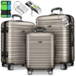 Set trolere pentru voiaj, 3 piese, marimi diferite, M, L, XL, include cantar, curele si eticheta pentru bagaje, cu incuietoare, gold