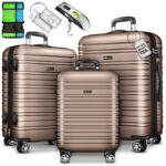 Set trolere pentru voiaj, 3 piese, marimi diferite, M, L, XL, include cantar, curele si eticheta pentru bagaje, maner telescopic, cu incuietoare, gold