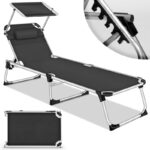 Sezlong pliabil pentru terasa/gradina, spatar reglabil, perna reglabila, sustine 150kg, aluminiu, negru