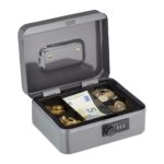 Caseta valori pentru bancnote si monede,  8,5 x 20 x 17 cm, argintiu