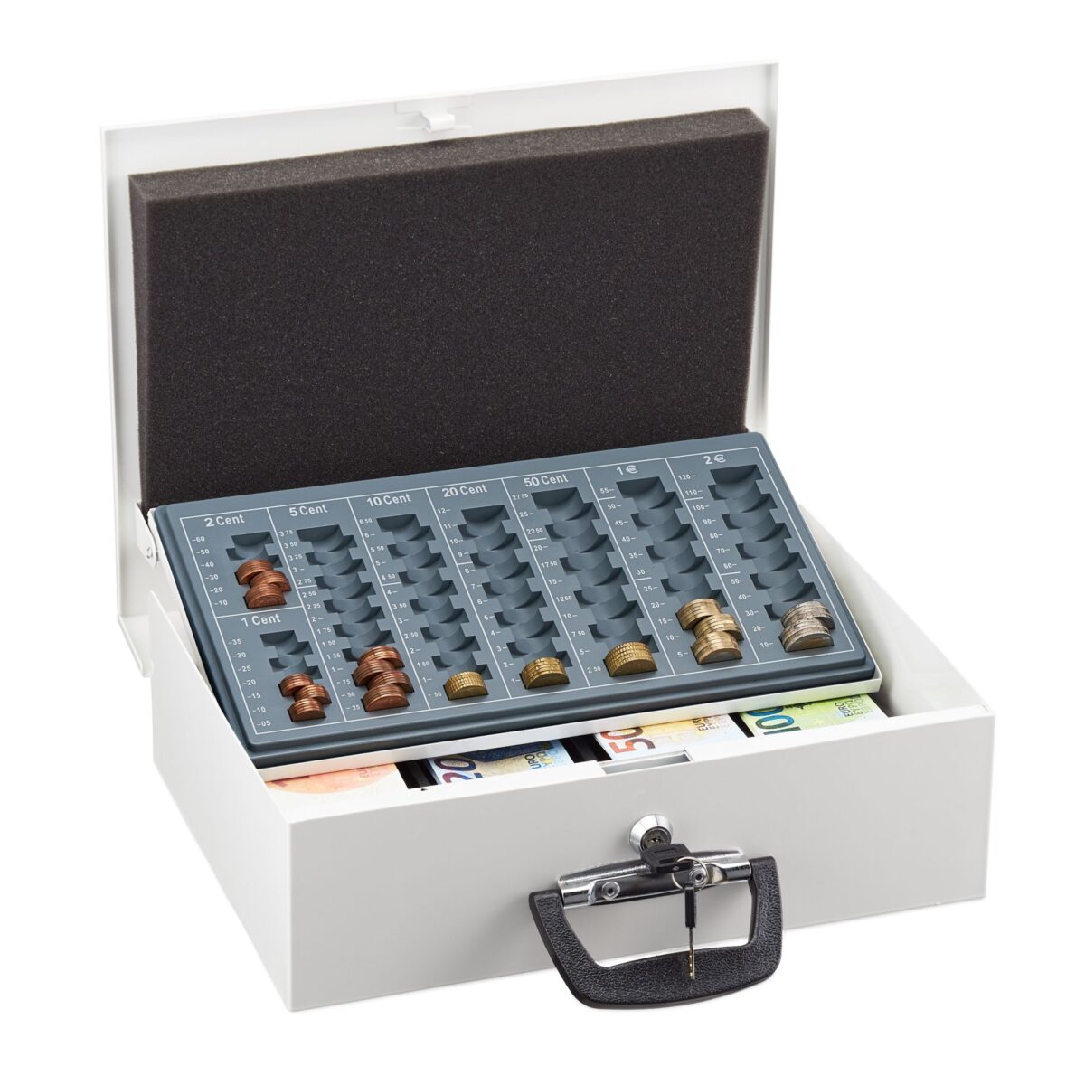 Caseta valori pentru bancnote si tabla de numarare euro, 11,5 x 36 x 28,5 cm, alb - imagine 3