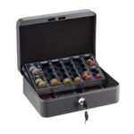 Caseta bani pentru monede si bancnote, gri, dimensiuni 9 x 25 x 18 cm