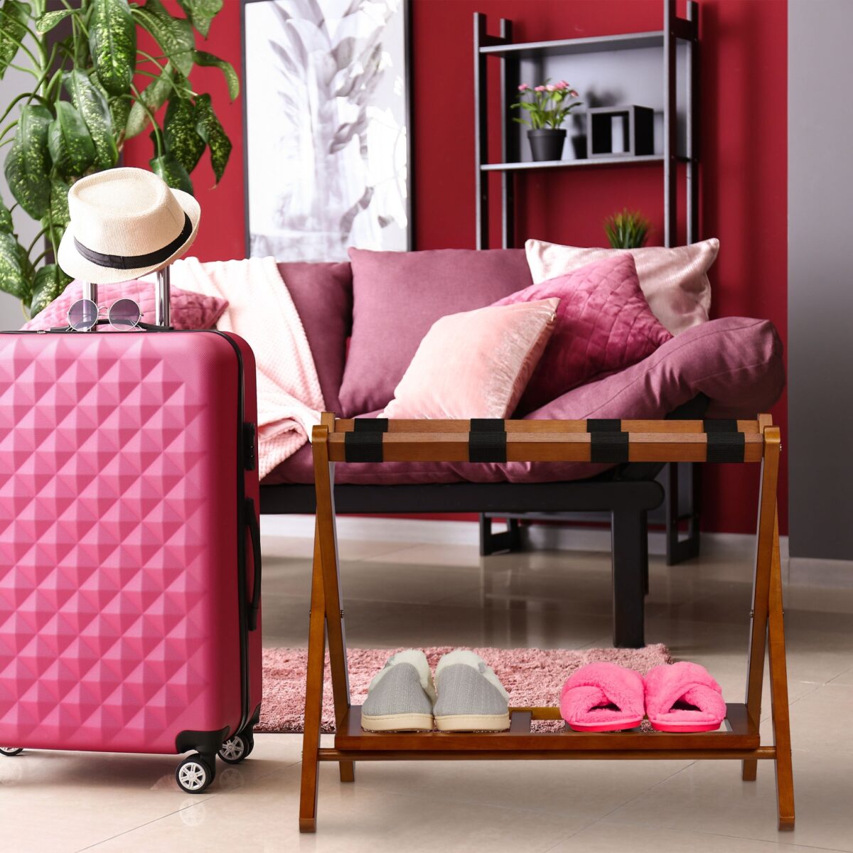 Suport pentru bagaje, cu raft, din lemn, pliabil, 54,5 x 66 x 44,5 cm, maro, Relaxdays - imagine 2