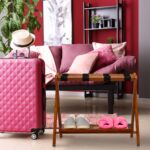 Suport pentru bagaje, cu raft, din lemn, pliabil, 54,5 x 66 x 44,5 cm, maro, Relaxdays - imagine 2