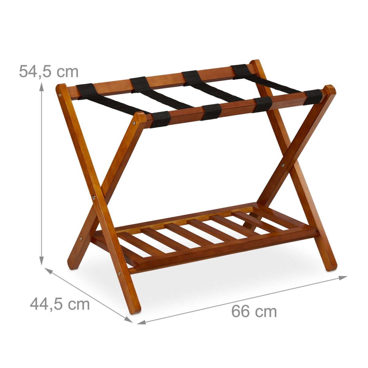 Suport pentru bagaje, cu raft, din lemn, pliabil, 54,5 x 66 x 44,5 cm, maro, Relaxdays - imagine 7