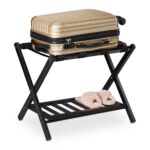 Suport pentru bagaje, cu raft, din lemn, pliabil, 54,5 x 66 x 44,5 cm, negru, Relaxdays