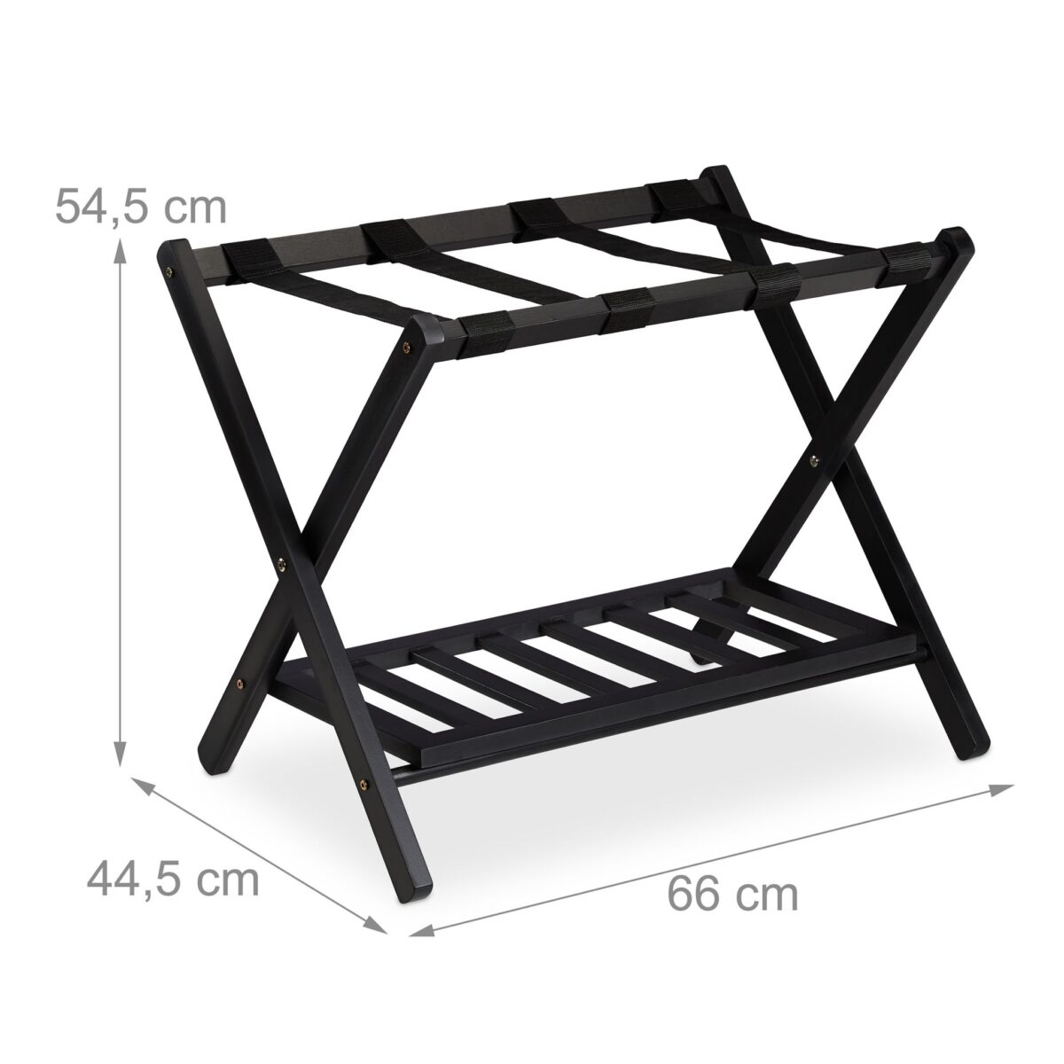 Suport pentru bagaje, cu raft, din lemn, pliabil, 54,5 x 66 x 44,5 cm, negru, Relaxdays - imagine 4