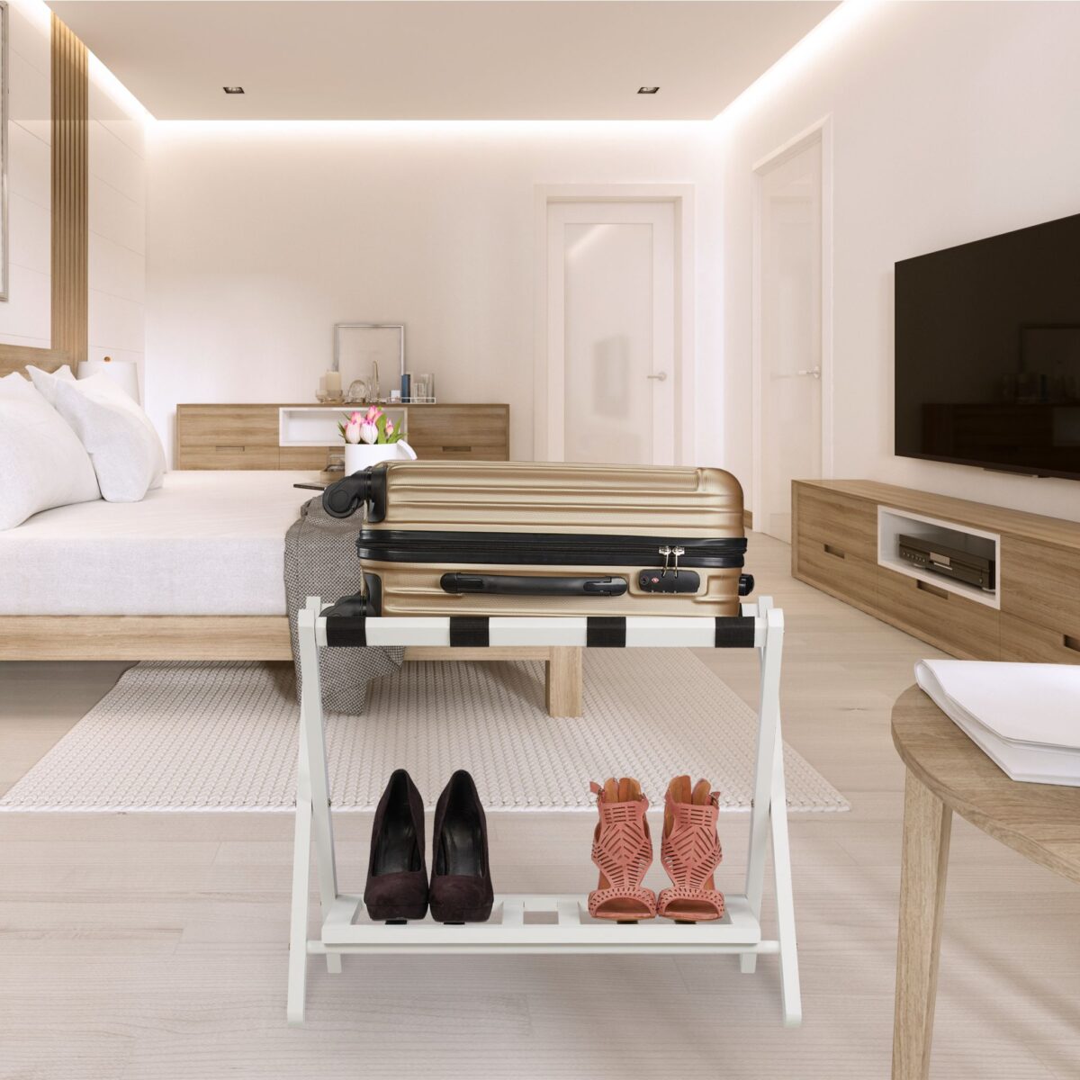 Suport pentru bagaje, cu raft, din lemn, pliabil, 54,5 x 66 x 44,5 cm, alb, Relaxdays - imagine 3