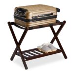 Suport pentru bagaje, cu raft, din lemn, pliabil, 54,5 x 66 x 44,5 cm, maro inchis, Relaxdays