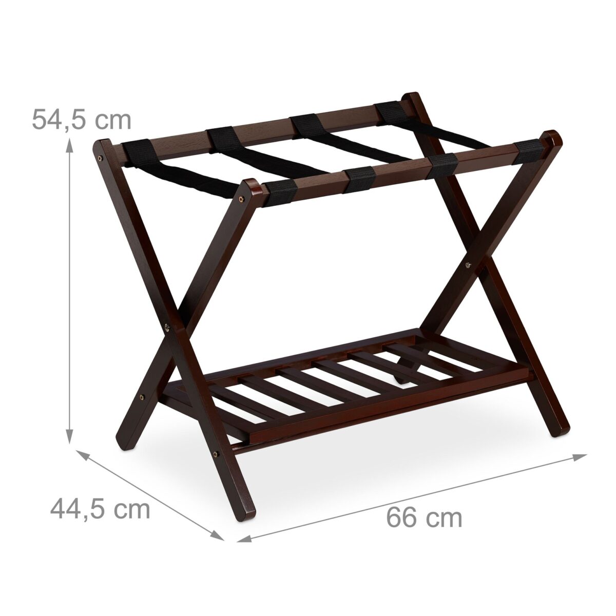 Suport pentru bagaje, cu raft, din lemn, pliabil, 54,5 x 66 x 44,5 cm, maro inchis, Relaxdays - imagine 4