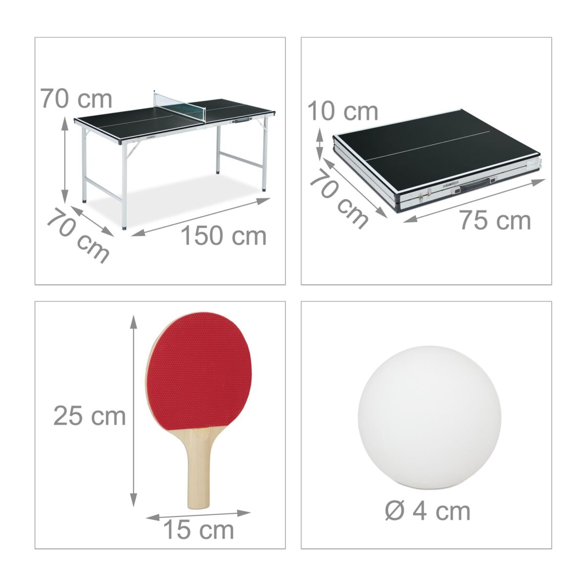 Masa de ping-pong cu echipament, 70 x 70 x 150 cm, pliabila, maner transport, Relaxdays - imagine 4