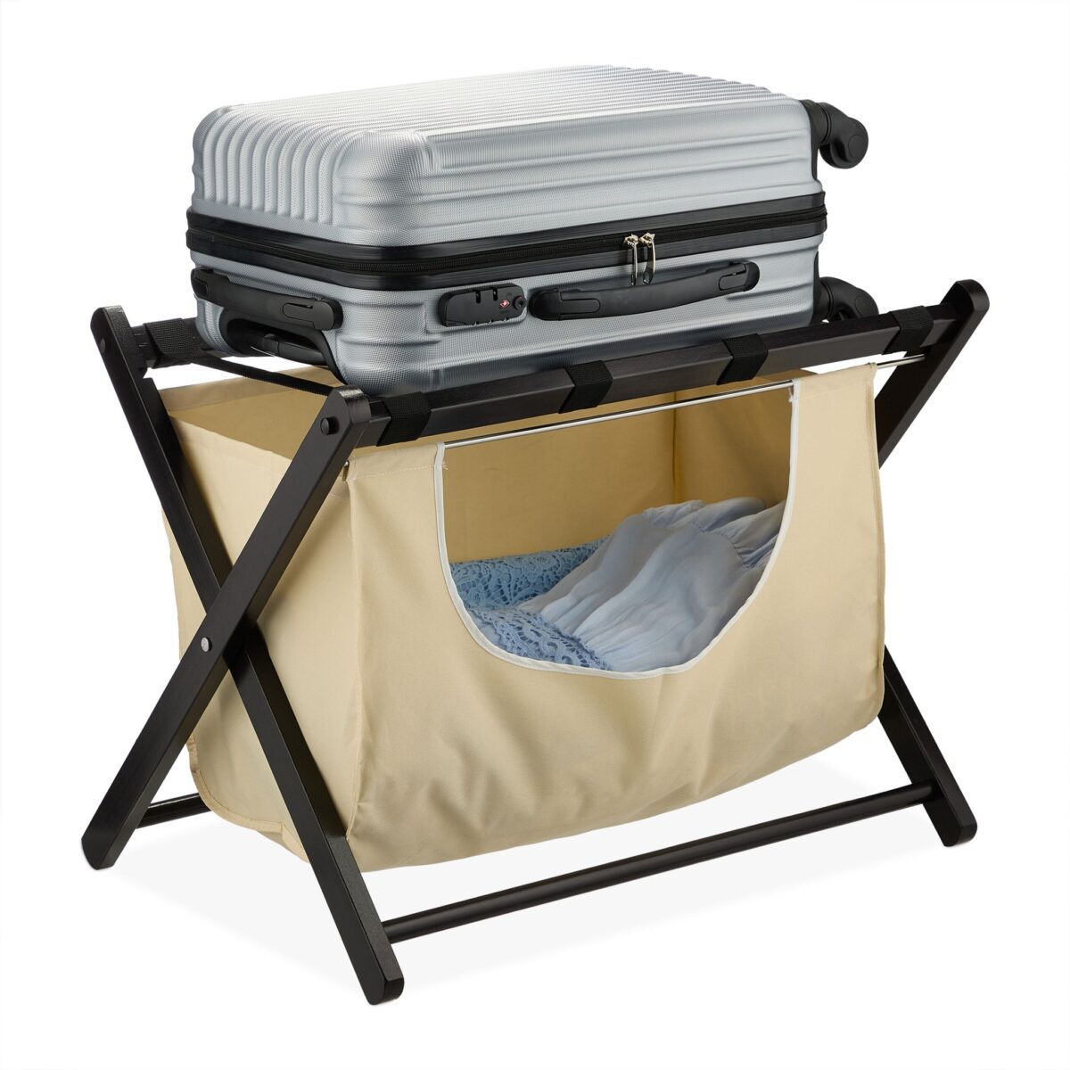 Suport pentru bagaje, din lemn, pliabil, cu sac depozitare, 52 x 68 x 47 cm, Relaxdays - imagine 2