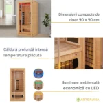 Sauna din lemn cu infrarosu, o persoana, 90 x 90 x 190 cm, maro - imagine 3